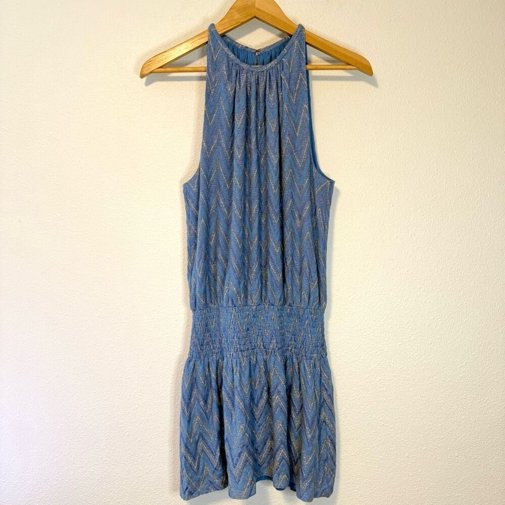 Ramy Brook Paris Blue Halter Drop Waist Chevron Metallic Mini Dress Size Medium